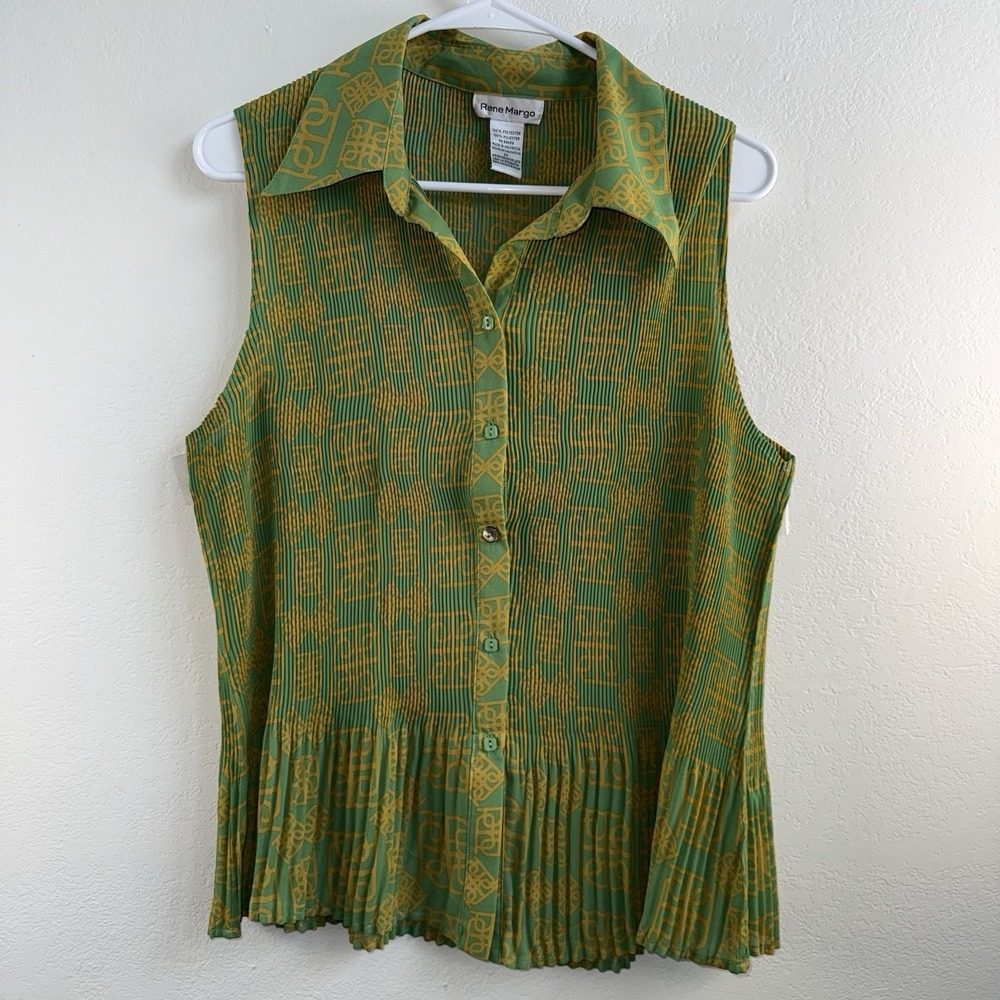 Rene Margo Women's Sleeveless Pleated Blouse Top Green Gold Geometric Print 3X